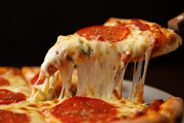 A Mouthwatering Slice of Pepperoni Pizza with Melted Cheese Pulling Away from the Rest of the Pie on a Dark Background, Showcasing Delicious Italian Cuisine