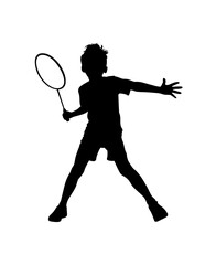 Silhouette of a young boy playing badminton with a racket and shuttlecock in a dynamic pose