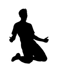 Silhouette of a male soccer player celebrating a goal on a white background