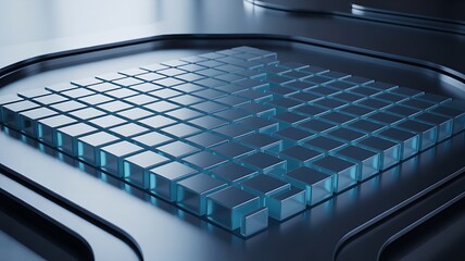 Modern tech-inspired 3D render of luminous blue blocks forming a digital grid pattern on a futuristic surface.