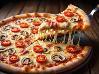 A Mouthwatering Pizza Masterpiece, Adorned with Slices of Tomato and Mushroom, Elevated by a Spatula, Showcasing a Symphony of Flavors and Textures