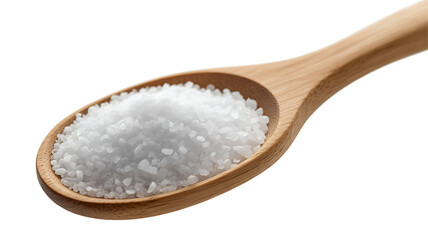 Wooden spoon filled with coarse sea salt isolated on white background