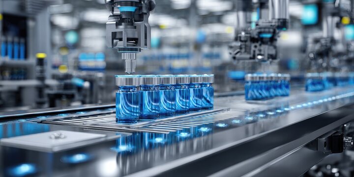 Automated pharmaceutical production line with robotic arms working with blue vials. Conveyor belt