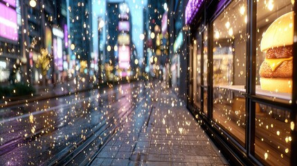 Rain on glass with neon lights, cyberpunk feeling