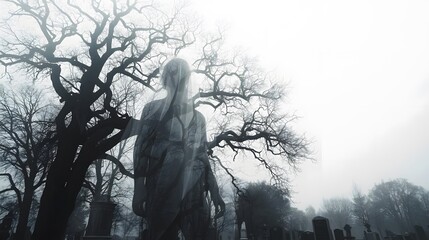 Mysterious veiled figure layered with skeletal trees, emerges from the fog in a somber landscape.