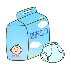 紙おむつのパッケージとおむつの手描きイラスト