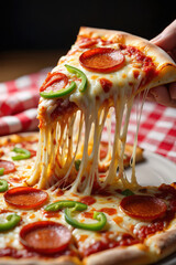 A Mouthwatering Pizza Slice with Pepperoni and Green Peppers, Dripping with Melted Cheese, Set Against a Red and White Checkered Background, Perfect for Food Photography