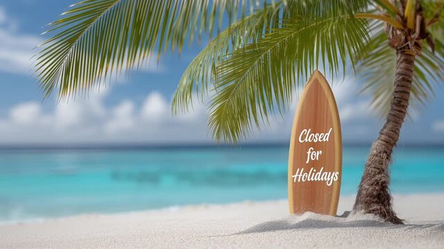 Closed for holidays sign on tropical beach with palm tree and ocean waves
