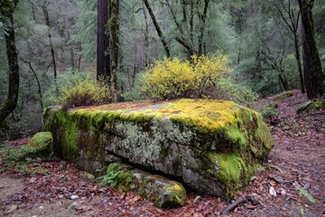 Moss-covered rectangular stone with yellow flowers and forest background