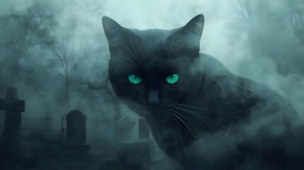 Emerald eyes pierce the smoky haze, a midnight feline presiding over a forgotten graveyard scene.