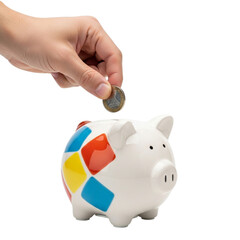 Saving money concept hand putting coin into piggy bank investment finance wealth retirement fund deposit on transparent background