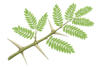 Acacia branch illustration with green leaves and sharp thorns, detailed botanical drawing on transparent background