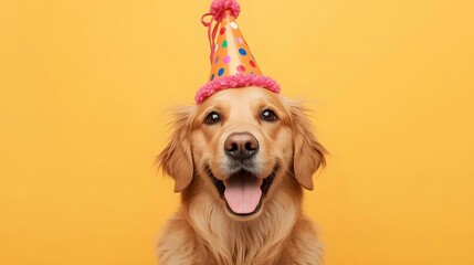 A cheerful golden retriever celebrates wearing a colorful birthday hat, radiating pure joy, it seems.