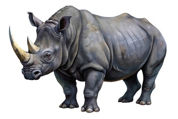 Fototapeta premium Illustration of a realistic illustration of a rhinoceros with a large horn, isolated on a transparent background