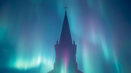 Serene Silhouette A Church Spire Pierces the Aurora Borealis in a Mesmerizing Night Display.