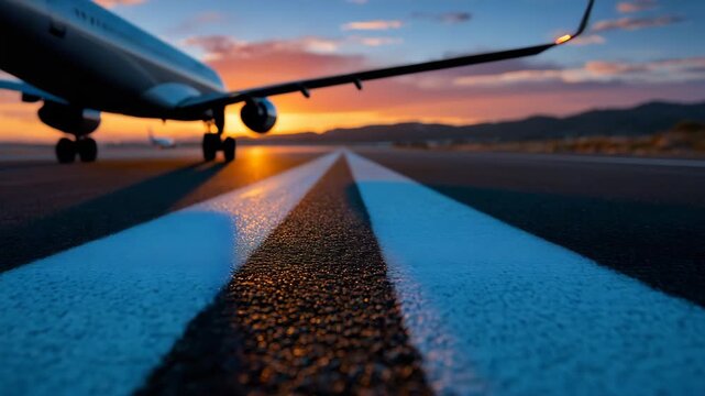 153Close-up of centerline stripe, blackened from repeated landings, military transport plane ready for takeoff in the far distance, sunset casting dramatic glow