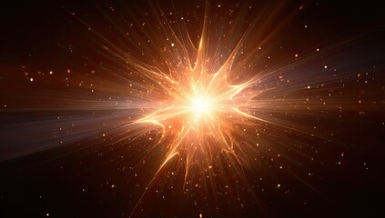 Bright, golden explosion radiating energy and light against a dark background with particles
