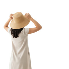 Woman in sun hat and dress back view summer fashion style vacation outfit straw hat beach wear trendy look on transparent background
