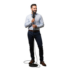 Man podcasting speaking into microphone audio recording studio interview presenter broadcasting content creator on transparent background