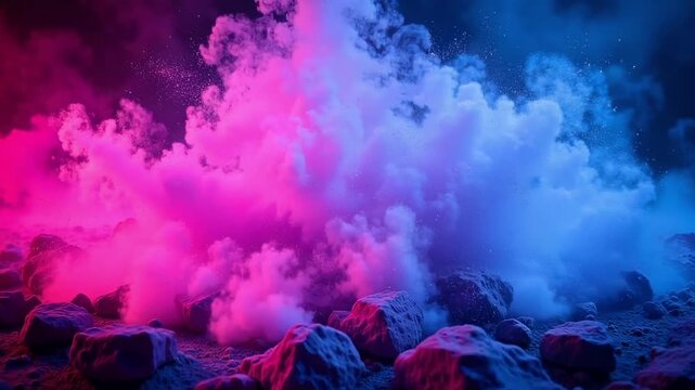 Vibrant neon clouds swirl over a rocky, otherworldly landscape bathed in stunning pink and blue light creating an ethereal atmosphere