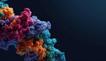 Abstract, macro view of layered, textured, vibrant, colorful cellular or molecular structure against a dark background
