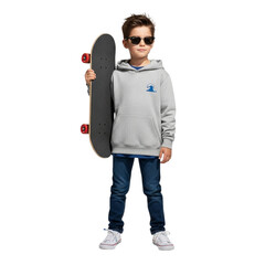 Boy in gray hoodie with skateboard and sunglasses trendy kids fashion apparel and accessories style on transparent background