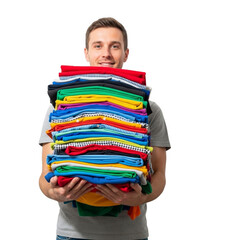 Man holding large stack of folded laundry clothes service apparel cleaning washing household chores at home on transparent background