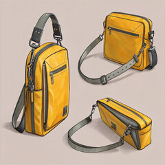 A illustration featuring three views of a bright yellow utility bag with dark gray/black accent trim and straps.