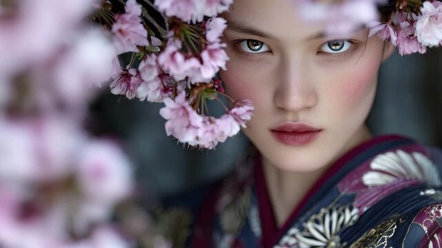 281Close-up emphasizing geisha&rsquo;s expressive eyes, delicate blush and lip color, cherry blossom petals framing face, kimono patterns softly blurred behind