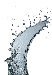 Powerful water splash frozen in dynamic motion, glossy crystal-clear fluidity, thousands of glistening droplets and bubbles, dramatic backlighting on transparent background. Concept of refreshing