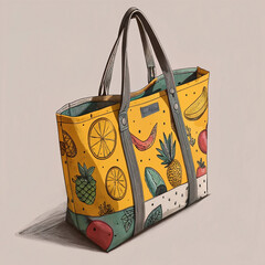 a large, canvas tote bag featuring a vibrant yellow background printed with various fruits and tropical designs.