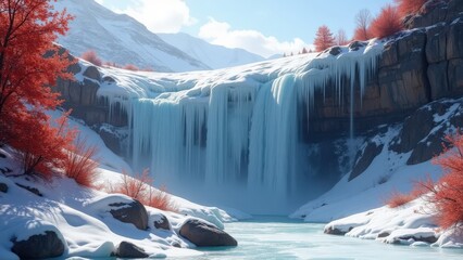 Frozen alpine waterfall cascades down a snowy cliff beneath red trees in a tranquil valley at midday