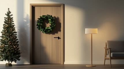 Minimalist Christmas interior with wreath on wooden door, decorated tree, and modern furniture in warm natural light holiday setting