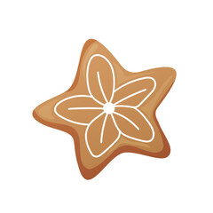 Star shaped gingerbread cookie with white floral icing design. festive baking