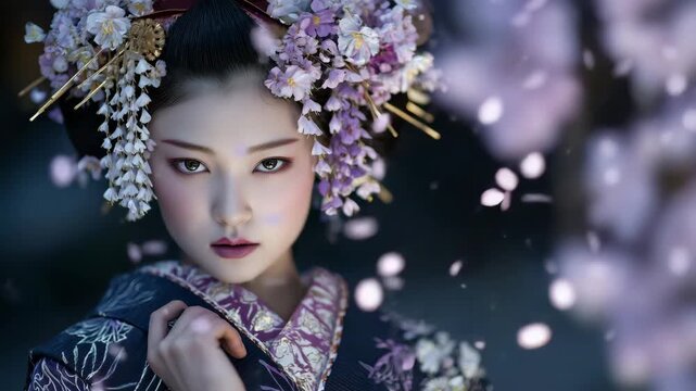 291Portrait of geisha with hand near chin, delicate makeup and hair ornaments detailed, soft pink petals falling in motion, kimono patterns subtly visible