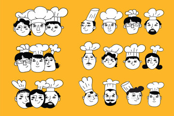 Fototapeta premium Set of funny hand-drawn chef faces in minimalist line art. Great for café logos, menu icons, or restaurant social media branding.