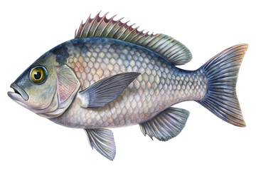 Fototapeta premium Illustration of a detailed watercolor illustration of a tilapia fish, isolated on transparent background, showcasing its scales and fins with realistic texture and color