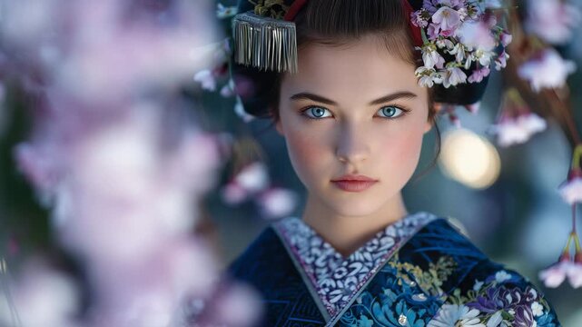 295Geisha looking directly at camera, soft-focus sakura petals drifting, intricate hairpins and combs catching light, kimono patterns adding depth and elegance