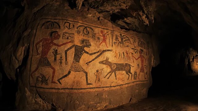 Illuminated cave showcases ancient wall art depicting figures, animals, and abstract symbols, rendered in earthy tones. The setting evokes a sense of mystery and history