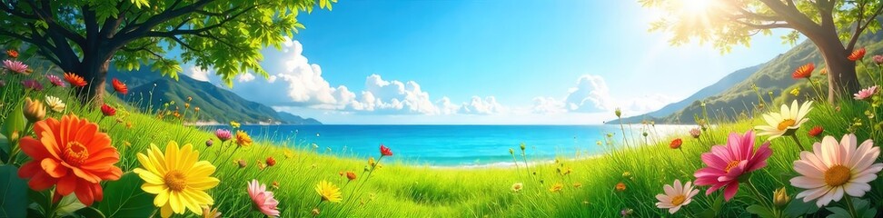 Fototapeta premium Vibrant summer scene featuring a sun-drenched landscape with lush greenery, blooming flowers, and a clear blue sky Perfect for travel, vacation, and nature-themed projects , travel, vibrant, outdoor