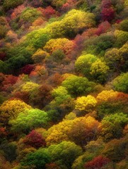 Dense forest canopy ablaze with fall colors, vibrant mix of foliage