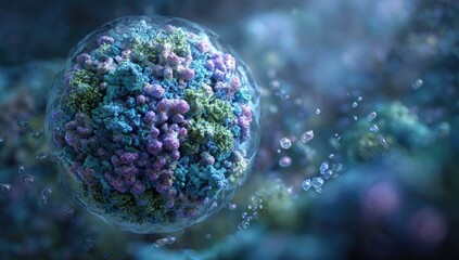 Detailed macro image of a cellular structure with multicolored granular components