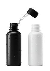 Macro, low-angle shot of opaque black & white plastic bottles, one dispensing glistening liquid, one twisting cap, with condensation on transparent. Product functionality concept