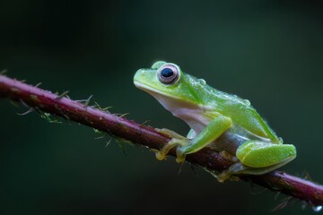 Obraz premium A close-up shot of a vibrant green frog perched on a thorny branch, with its eyes wide open