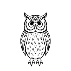 Fototapeta premium Detailed Black Outline Stylized Owl Icon with Feather Textures on Plain White Background