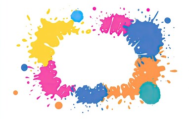 Colorful paint splatters frame a white space, ideal for text, on a clean white background