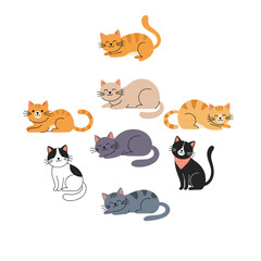 A collection of cute cats resting in a circle.
