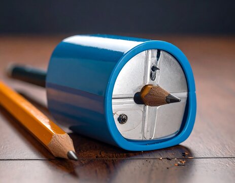 A close-up photograph depicts a cylindrical blue pencil sharpener, with a freshly sharpened pencil and an unsharpened one. The setting is a wooden surface