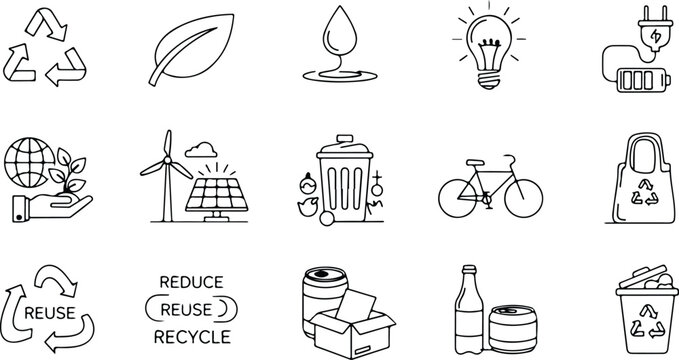 Collection of hand-drawn icons representing sustainability and eco-friendly living concepts - Powered by Adobe