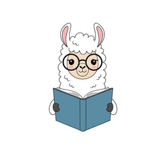 A fluffy llama wearing glasses reads a book with enthusiasm.
